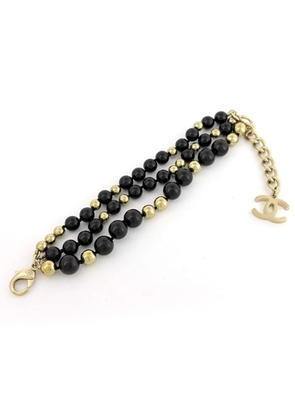 Chanel CC Logo Bracelet Triple Strand Beads Black Gold